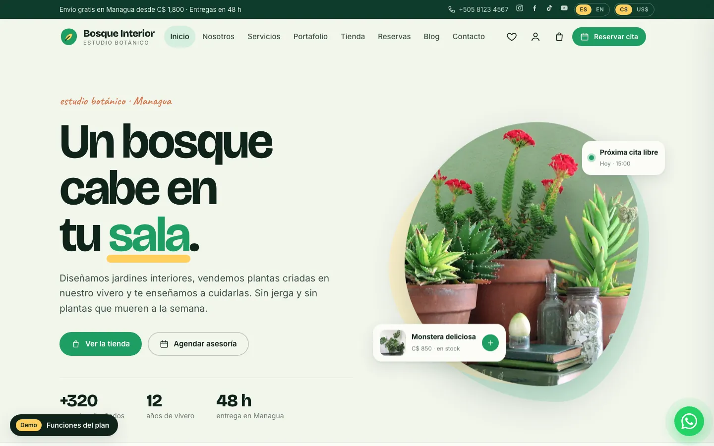Página de inicio de Bosque Interior: tienda de plantas con selector de idioma y moneda, carrito y botón para reservar cita